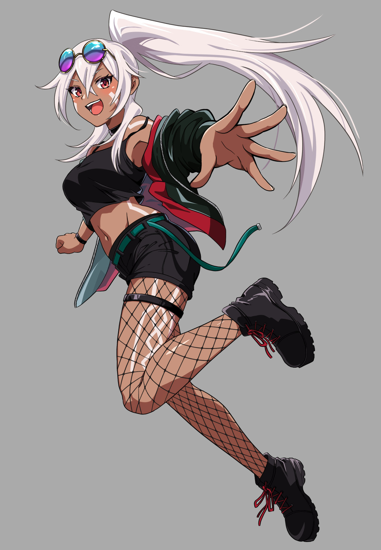 murasaki tsutsuji, minneapolis (azur lane), azur lane, commentary request, highres, 1girl, :d, anniversary, black jacket, black shoes, black shorts, black tank top, bodypaint, breasts, crossed bangs, dark-skinned female, dark skin, eyewear on head, facepaint, fishnet pantyhose, fishnets, full body, grey background, hair between eyes, high ponytail, jacket, long hair, looking at viewer, medium breasts, midriff, navel, open clothes, open jacket, open mouth, pantyhose, ponytail, reaching, reaching towards viewer, red eyes, shoes, shorts, simple background, smile, solo, sunglasses, tank top, very long hair, white hair