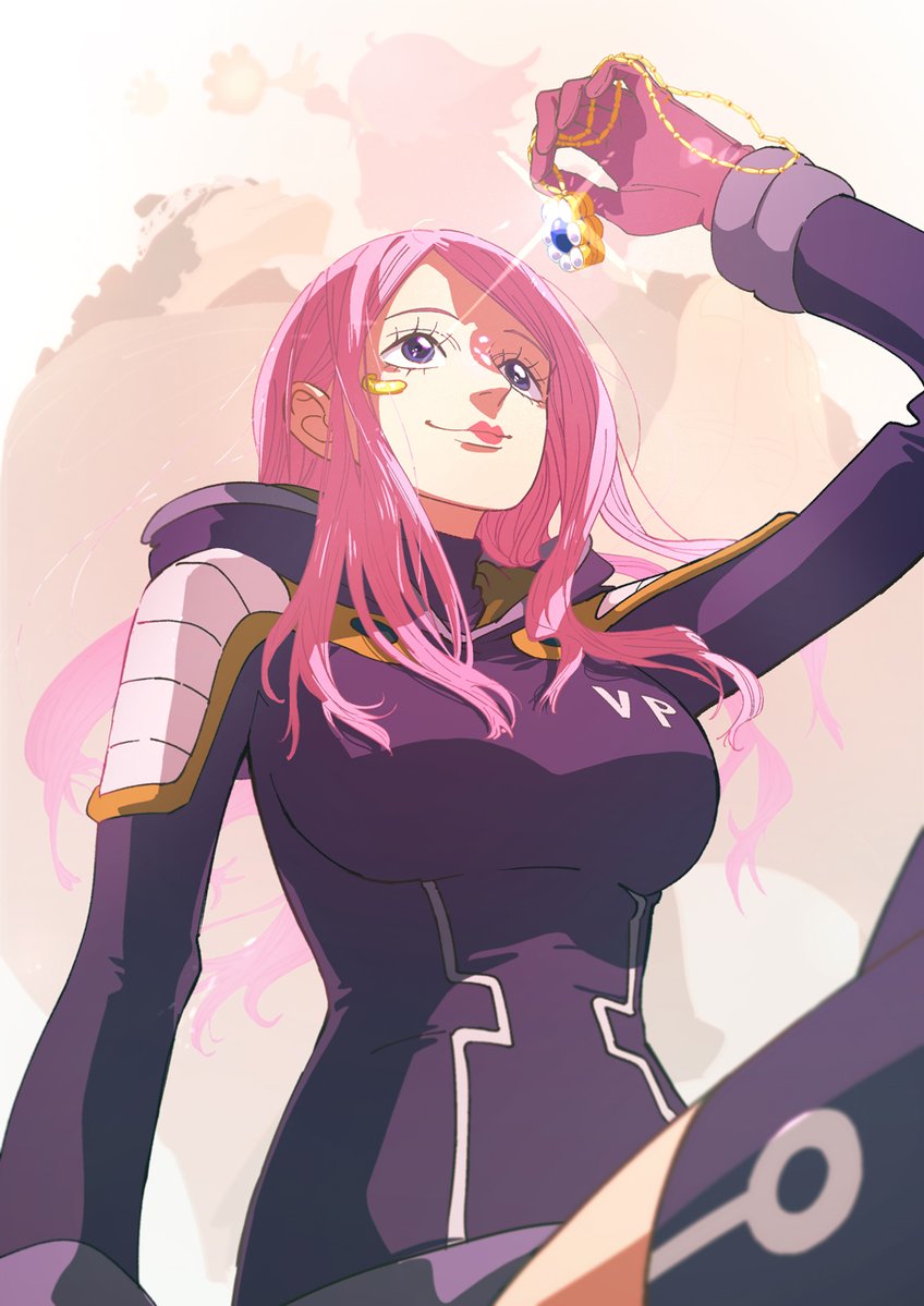 bartholomew kuma, jewelry bonney, one piece, artist request, mixed-language commentary, official art, 1girl, anti-eyebrow piercing, bodysuit, eyelashes, face piercing, glint, gloves, holding, holding pendant, hood, hooded bodysuit, jewelry, long hair, long sleeves, pendant, piercing, pink gloves, pink hair, purple eyes, smile