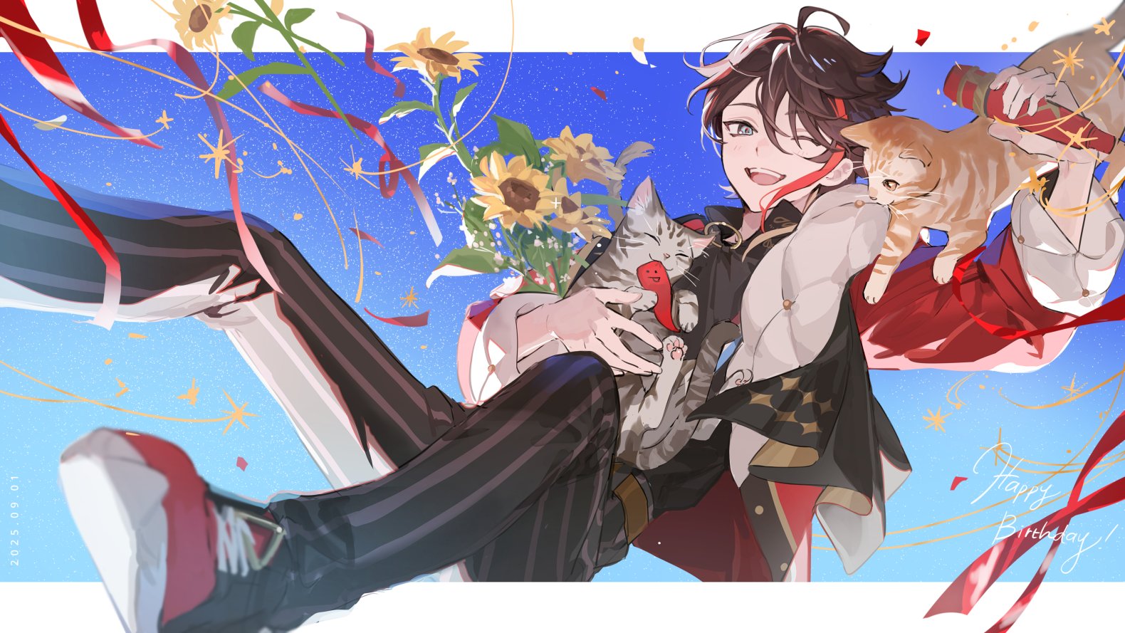 saegusa akina, saegusa akina (2nd costume), nijisanji, 1boy, ;d, ahoge, animal, animal on shoulder, black hair, black pants, black shirt, blue background, border, cat, flower, gift, hair between eyes, happy birthday, holding, holding animal, jacket, kinak067, long sleeves, looking at viewer, male focus, multicolored hair, one eye closed, open clothes, open jacket, open mouth, outside border, pants, red hair, red jacket, shirt, shoes, short hair, smile, sneakers, solo, streaked hair, striped clothes, striped pants, sunflower, teeth, upper teeth only, vertical-striped clothes, vertical-striped pants, virtual youtuber, yellow flower