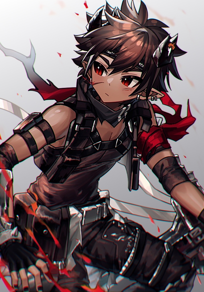 kakosa sama, odda (arknights), arknights, 1boy, arm belt, armband, belt bag, black hair, black headband, black pants, black tank top, black vest, bodysuit, dark-skinned male, dark skin, demon boy, demon horns, ear piercing, headband, horns, injury, looking to the side, male focus, open clothes, open vest, pants, piercing, pointy ears, red armband, red eyes, sleeveless, sleeveless bodysuit, sleeveless vest, tank top, toned, toned male, vest