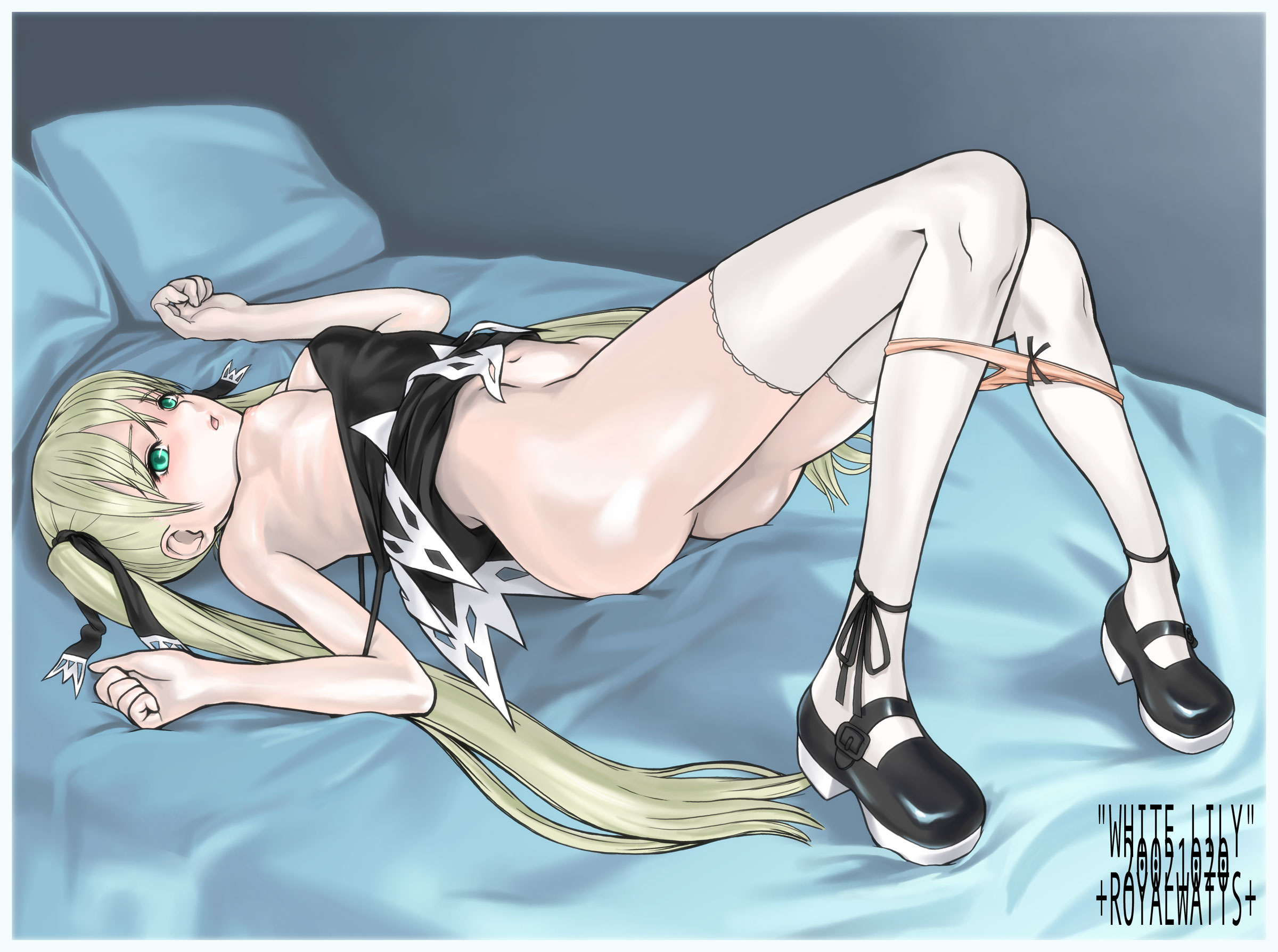 royalwatts, marion phauna, shaman king, highres, 1girl, breasts, female focus, green eyes, lying, mary janes, nipples, panties, panty pull, ribbon, shoes, small breasts, solo, thighhighs, twintails, underwear
