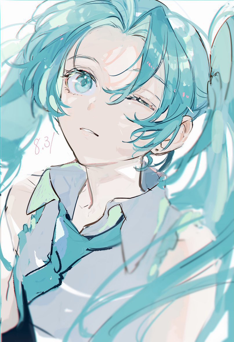 makoto (roketto-massyumaro), hatsune miku, vocaloid, hashtag-only commentary, 1girl, aqua eyes, aqua hair, aqua necktie, dated, looking up, necktie, one eye closed, parted lips, sidelocks, simple background, solo, twintails, upper body, white background