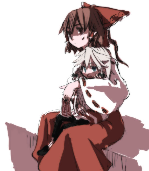 takashi akira, hakurei reimu, izayoi sakuya, touhou, 2girls, child, female focus, hug, multiple girls