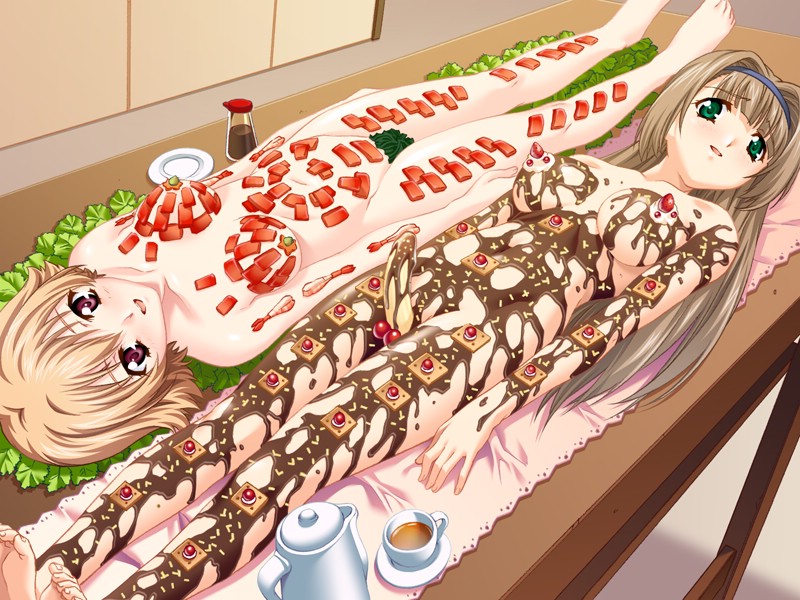 2girls, food, green eyes, long hair, multiple girls, nyotaimori, red eyes, short hair