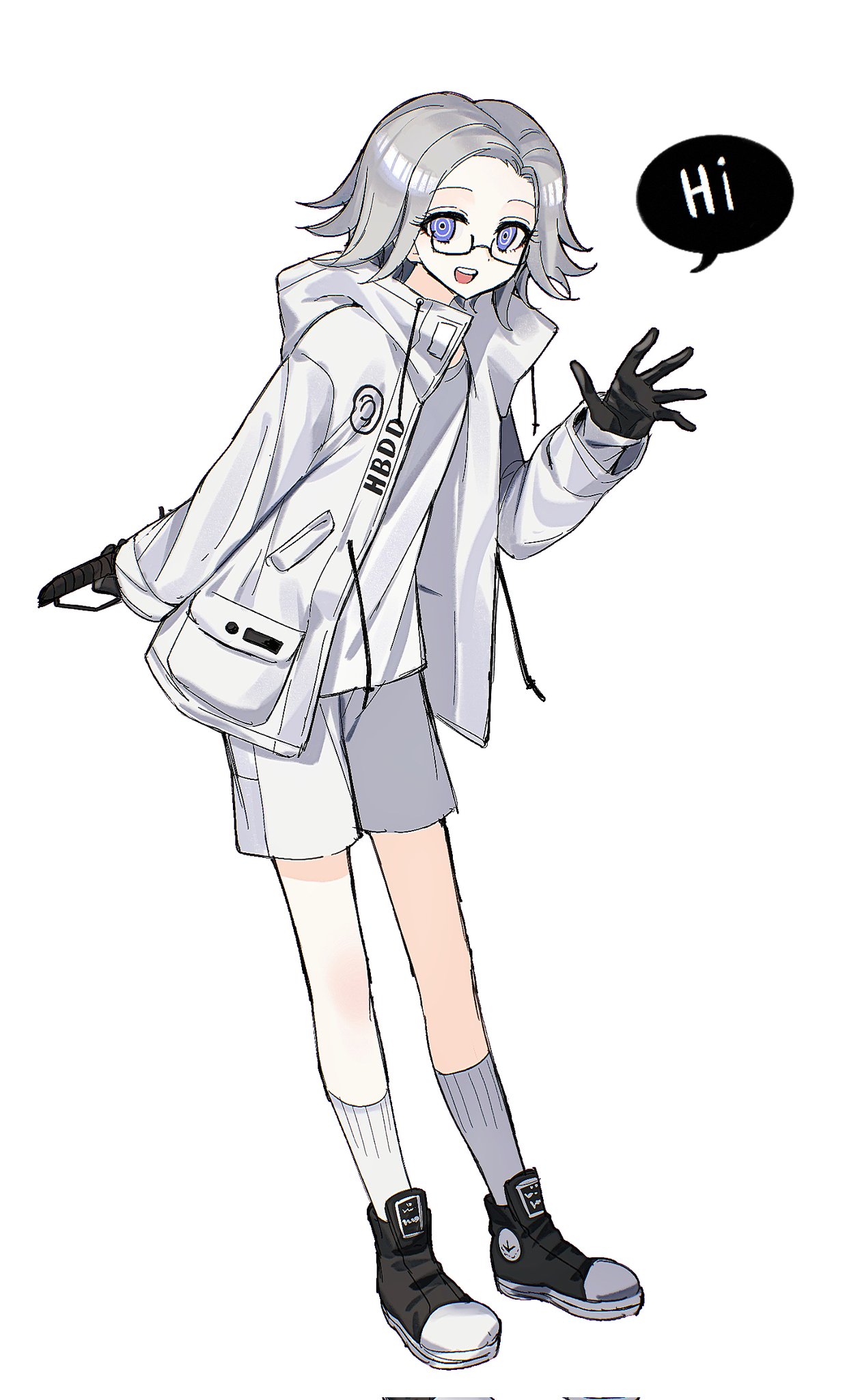 aotsuki eito, the hundred line -last defense academy-, corrupted twitter file, highres, 1boy, :d, black gloves, black shoes, english text, full body, glasses, gloves, grey hair, holding, holding behind back, holding knife, holding knife behind back, jacket, knife, looking at viewer, male focus, nomei, open clothes, open jacket, open mouth, purple eyes, ringed eyes, shirt, shoes, short hair, shorts, simple background, smile, socks, solo, speech bubble, teeth, upper teeth only, waving, white background, white jacket, white shirt, white shorts, white socks