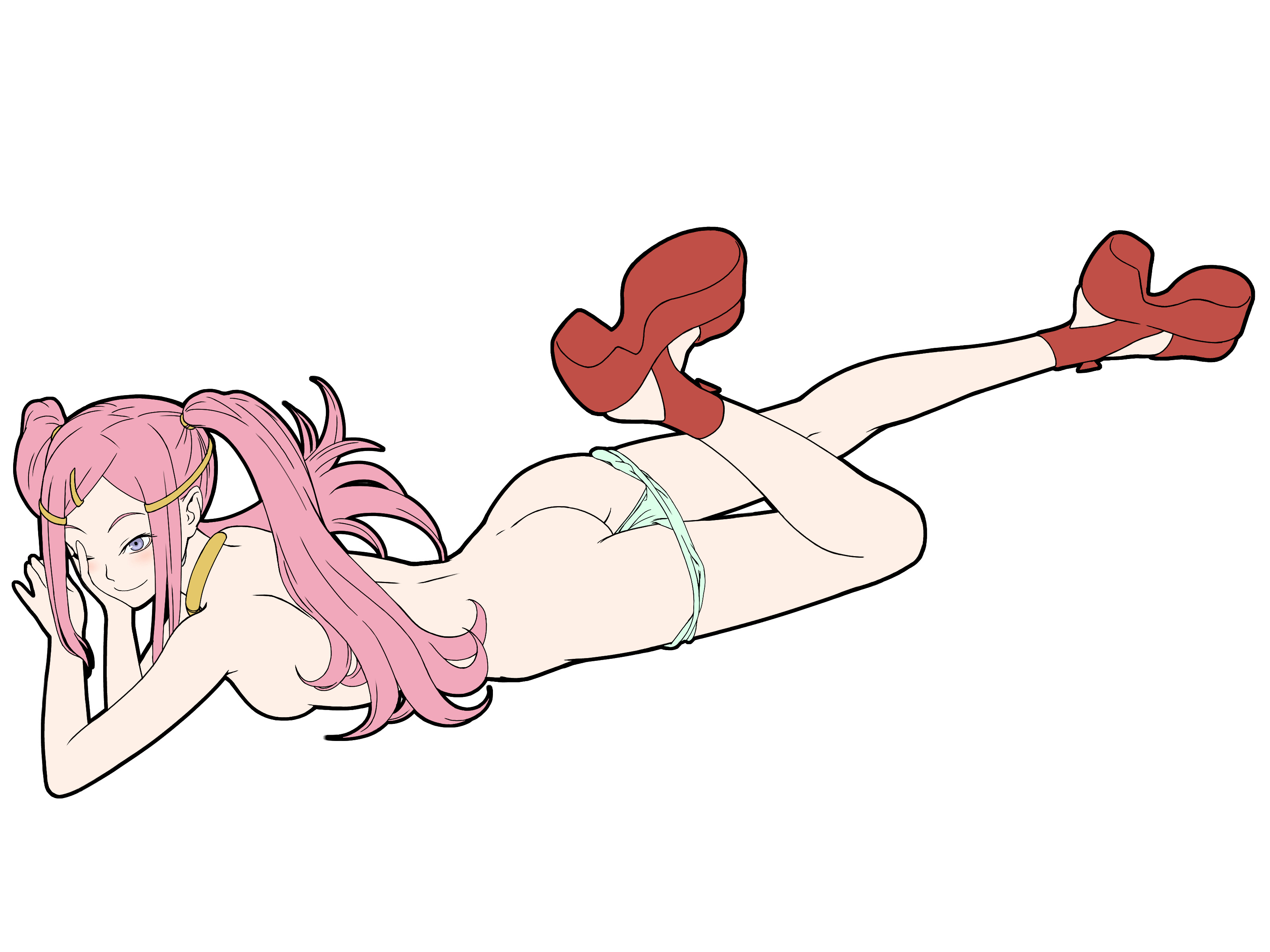 royalwatts, anemone (eureka seven), eureka seven, eureka seven (series), platform footwear, absurdres, highres, 00s, 1girl, ass, female focus, high heels, long hair, long legs, lying, nude, on stomach, panties, panty pull, pink hair, platform heels, platform shoes, shoes, solo, twintails, underwear
