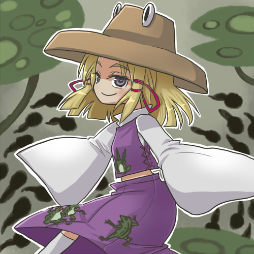 moriya suwako, touhou, lowres, 1girl, female focus, frog, hat, plant, skirt, smile, solo