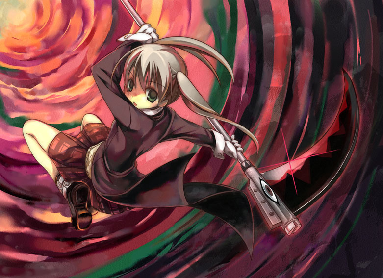 suimya, maka albarn, soul eater, bad id, bad pixiv id, 00s, green eyes, plaid clothes, plaid skirt, school uniform, scythe, serafuku, skirt, solo, twintails