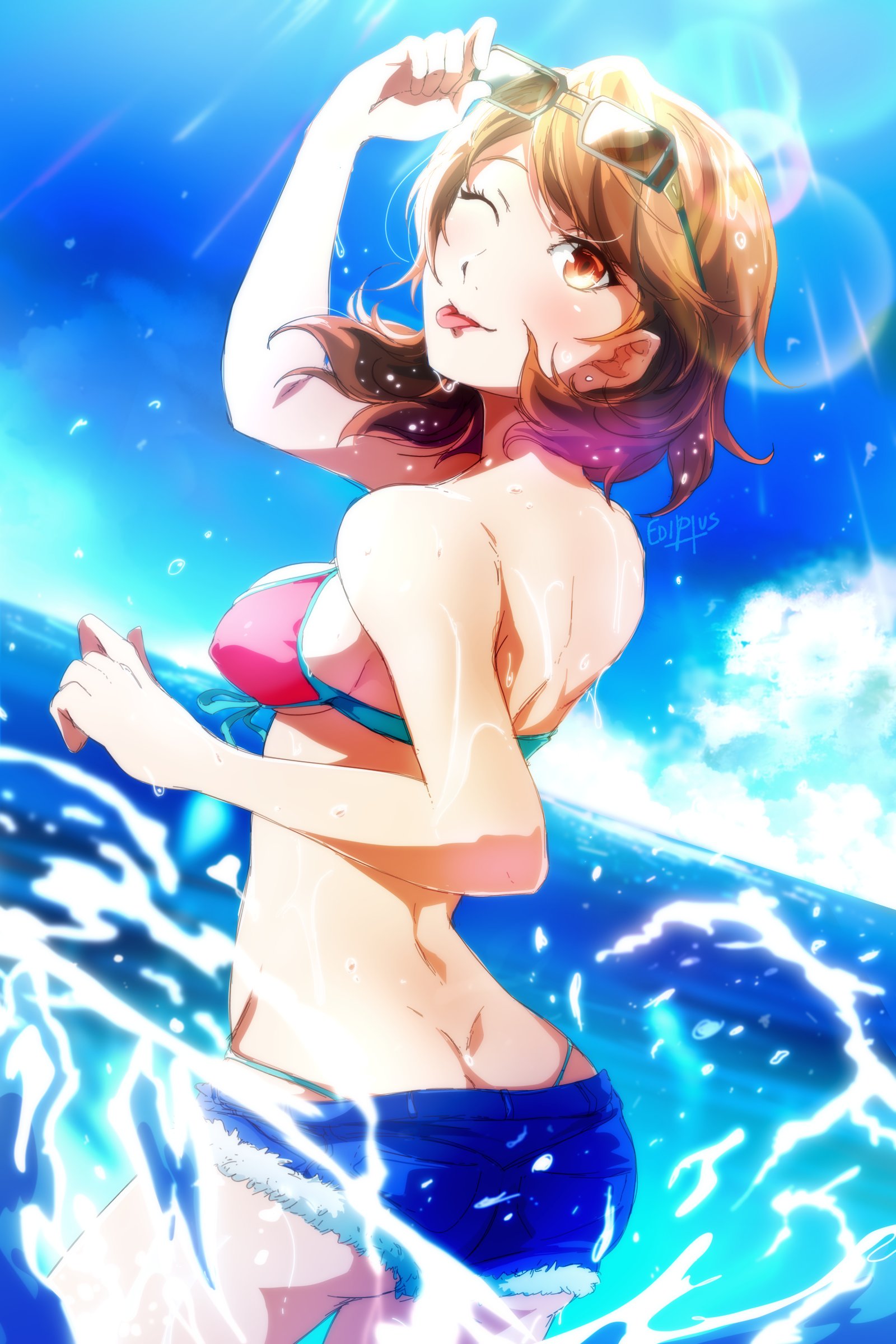 ediptus, takeba yukari, persona, persona 3, absurdres, commentary, english commentary, highres, 1girl, ass, bare shoulders, bikini, blue shorts, blue sky, blue trim, blush, breasts, brown eyes, brown hair, butt crack, closed mouth, cloud, cloudy sky, cowboy shot, denim, denim shorts, dimples of venus, earrings, eyewear on head, flipped hair, frayed shorts, from behind, hand up, highleg, highleg bikini, holding, holding removed eyewear, horizon, jewelry, looking at viewer, looking back, medium breasts, ocean, official alternate costume, one eye closed, outdoors, pink bikini, short hair, short shorts, shorts, signature, sky, smile, solo, stud earrings, sunglasses, swimsuit, tongue, tongue out, unworn eyewear, water, wet