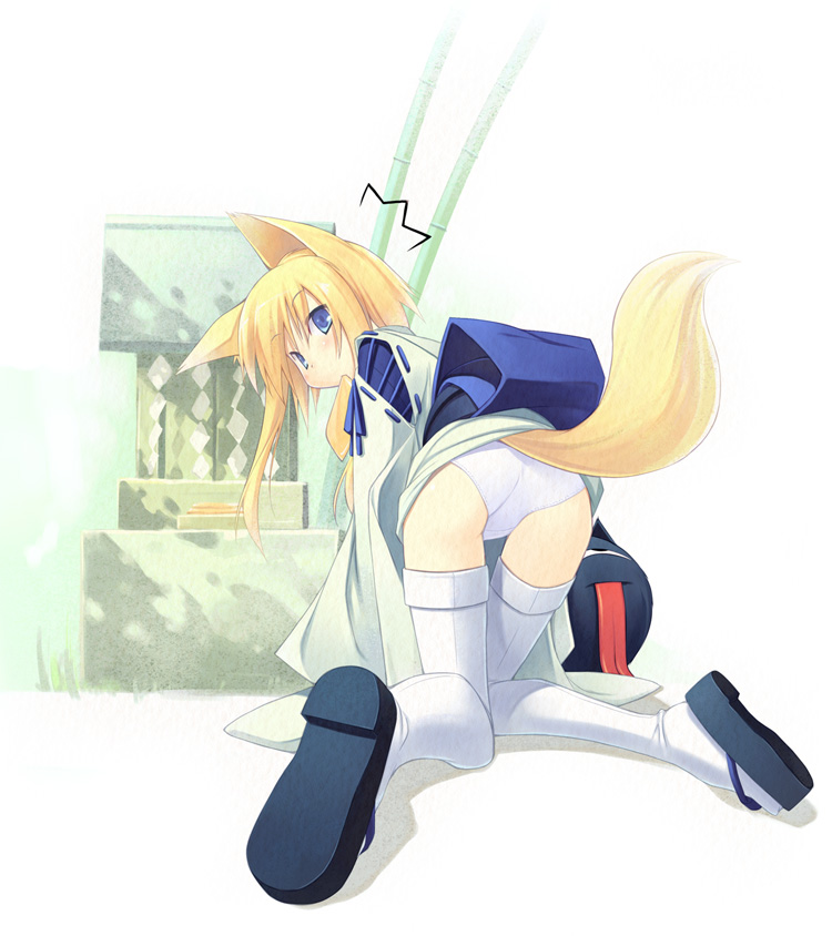 poco (asahi age), kitsune (poko), kuroino (poco), shiratama kitsune, original, 1girl, ^^^, all fours, animal ears, ass, bent over, blonde hair, blue eyes, female focus, fox ears, fox tail, panties, solo, tail, thighhighs, underwear