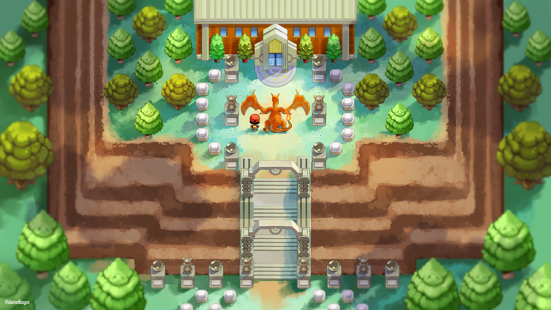 danielbogni, charizard, red (pokemon), nintendo, pokemon, pokemon frlg, commentary, commission, english commentary, highres, 1boy, backpack, bag, black hair, blurry, building, claws, dragon, dragon wings, fire, flame-tipped tail, from behind, full body, gen 1 pokemon, grass, hat, in-universe location, indigo plateau, outdoors, poke ball theme, pokemon (creature), red hat, short hair, stairs, statue, tail, tree, wings, yellow bag