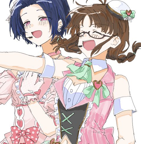 akizuki ritsuko, miura azusa, idolmaster, idolmaster (classic), idolmaster 2, lowres, 2girls, :d, ^ ^, ahoge, antenna hair, bare shoulders, blue hair, blush, bow, braid, brooch, brown hair, choker, closed eyes, detached collar, detached sleeves, dress, frilled dress, frills, glasses, gloves, hair ribbon, hair tie, hand on own chest, idol, idol clothes, jewelry, lapels, loose hair strand, medium hair, microphone cord, midriff peek, multiple girls, navel, neckerchief, nfmmpx zfmmpx, open mouth, outstretched arm, pillbox hat, pink dress, pink eyes, ribbon, short hair, sideburns, smile, twin braids, vest, white background