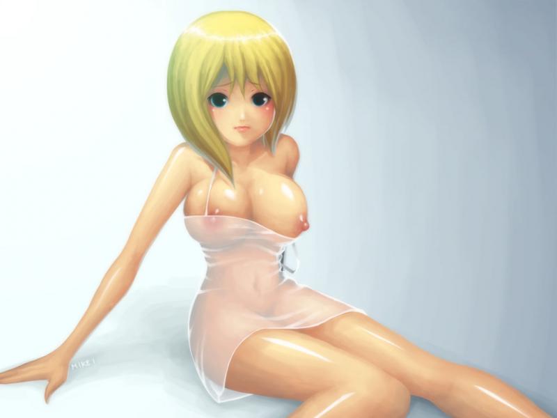 namine, kingdom hearts, 1girl, blonde hair, blush, breasts, dress, female focus, large breasts, looking at viewer, nipples, no bra, no panties, see-through clothes, see-through dress, short hair, solo