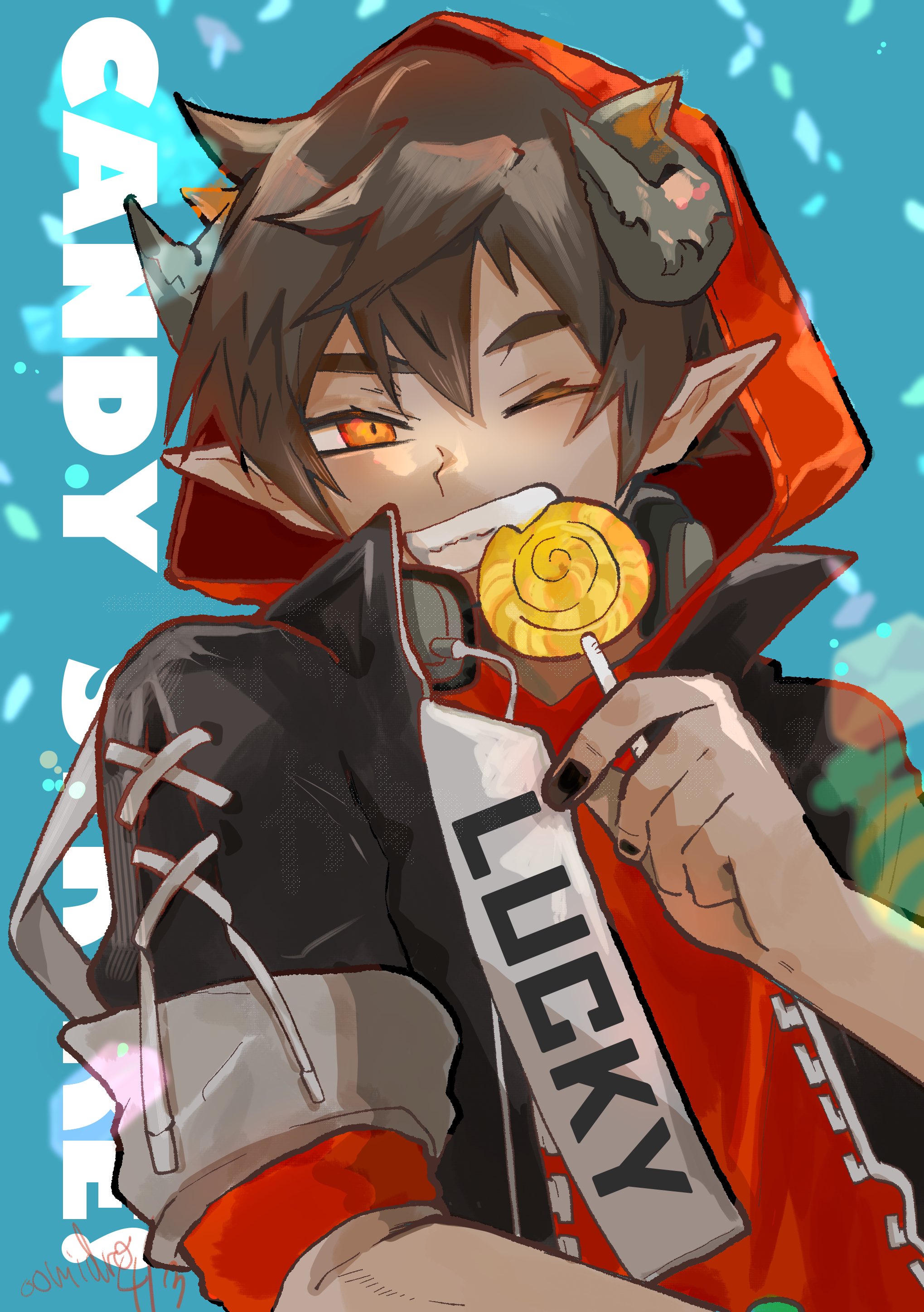 odda (arknights), odda (candy strike) (arknights), arknights, absurdres, highres, 1boy, ;d, black hair, black jacket, black nails, candy, dark-skinned male, dark skin, demon boy, demon horns, fang, food, grin, headphones, headphones around neck, holding, holding candy, holding food, holding lollipop, hood, hoodie, horns, jacket, komidoro, lollipop, male focus, one eye closed, open clothes, open jacket, open mouth, pointy ears, red hoodie, smile, teeth, watermark