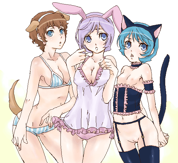 amuro ray, garma zabi, kamille bidan, gundam, mobile suit gundam, zeta gundam, non-web source, 3girls, animal ears, blue eyes, bra, breasts, brown hair, bustier, camisole, cat ears, cat tail, cleavage, collar, dog ears, dog tail, fake animal ears, female focus, garter belt, genderswap, genderswap (mtf), lingerie, medium breasts, midriff, multiple girls, navel, nipples, no panties, panties, purple hair, pussy, rabbit ears, short hair, small breasts, striped clothes, striped panties, tail, thighhighs, underwear, underwear only