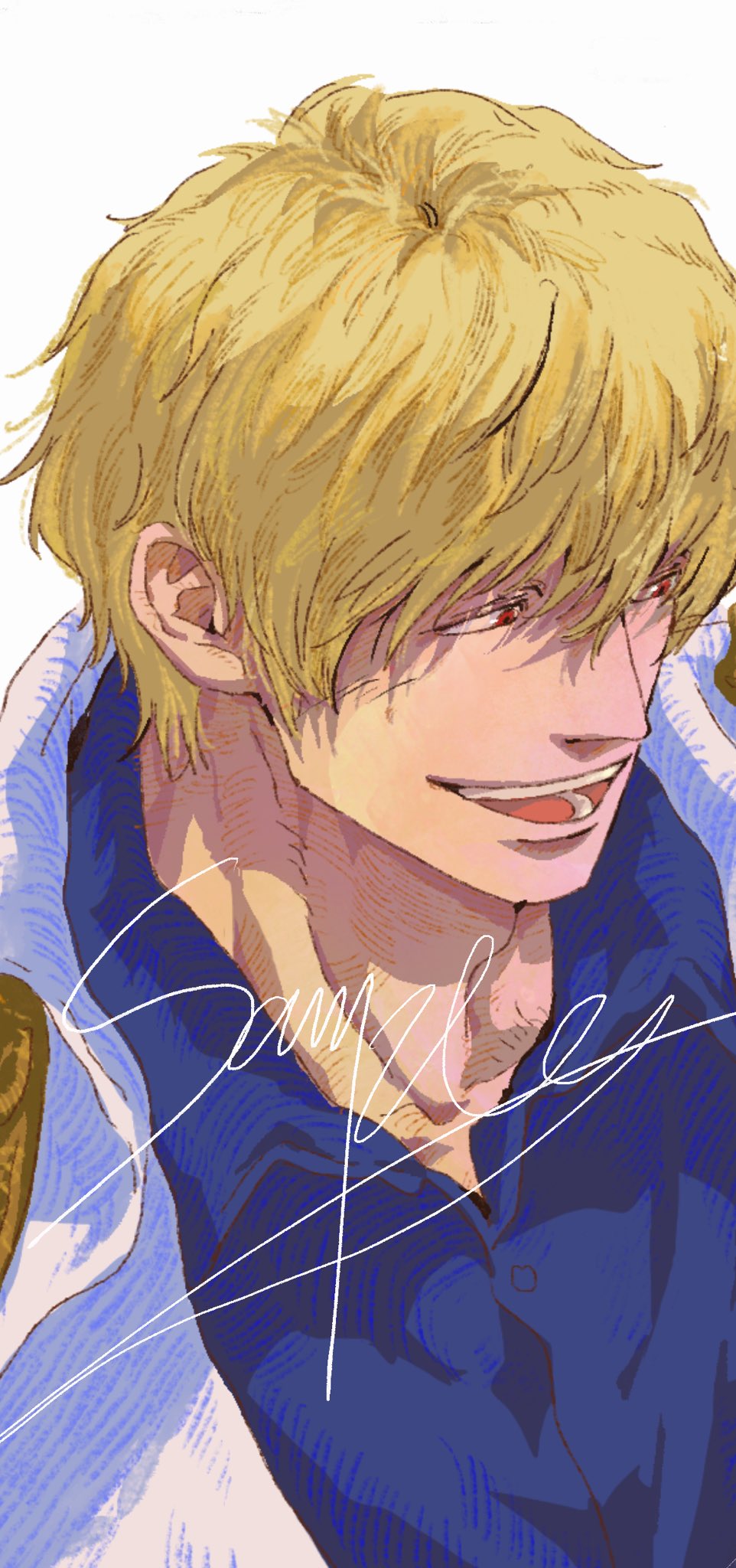 fengcheche, donquixote rocinante, one piece, highres, 1boy, blonde hair, blue shirt, blush, close-up, hair between eyes, male focus, open mouth, red eyes, sample watermark, shirt, short hair, simple background, smile, solo, upper body, watermark, white background