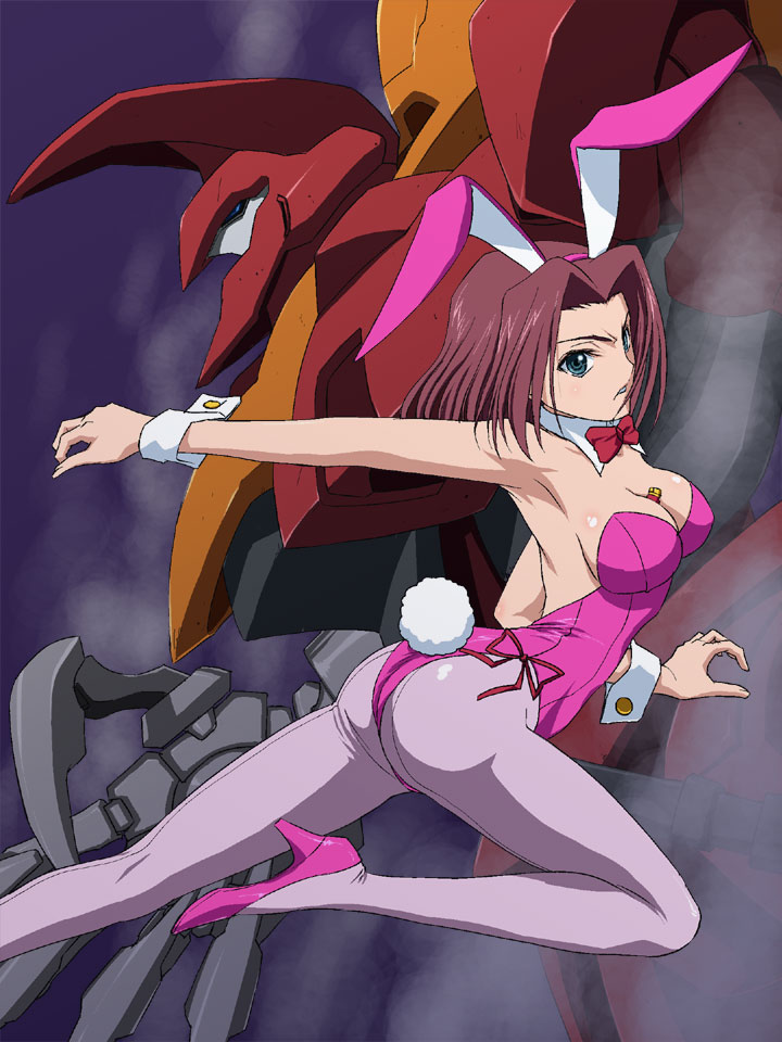 iga tomoteru, guren (code geass), guren mk-ii, kouzuki kallen, code geass, 00s, animal ears, ass, breasts, cleavage, fake animal ears, high heels, large breasts, leg up, legs, leotard, long legs, pantyhose, pink pantyhose, playboy bunny, rabbit ears, shoes, short hair, solo, thighs