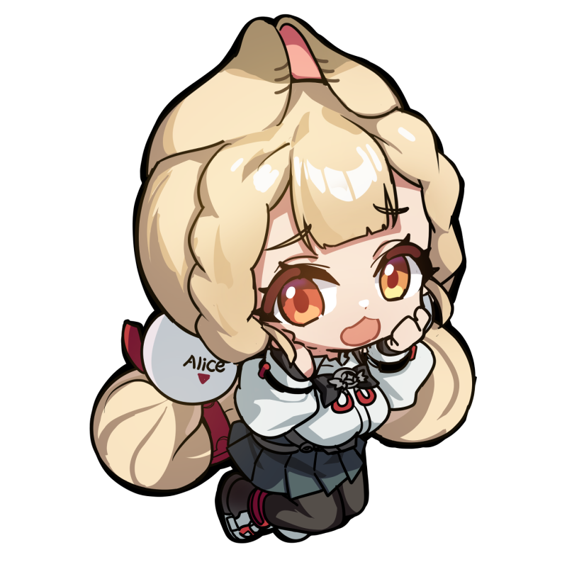 ebi bento, alice thymefield, zenless zone zero, accessories, animal ears, black skirt, blonde hair, chest bow, fingerless gloves, gloves, heterochromia, long hair, looking at viewer, open mouth, rabbit ears, rabbit girl, scared, skirt, twintails, yellow eyes