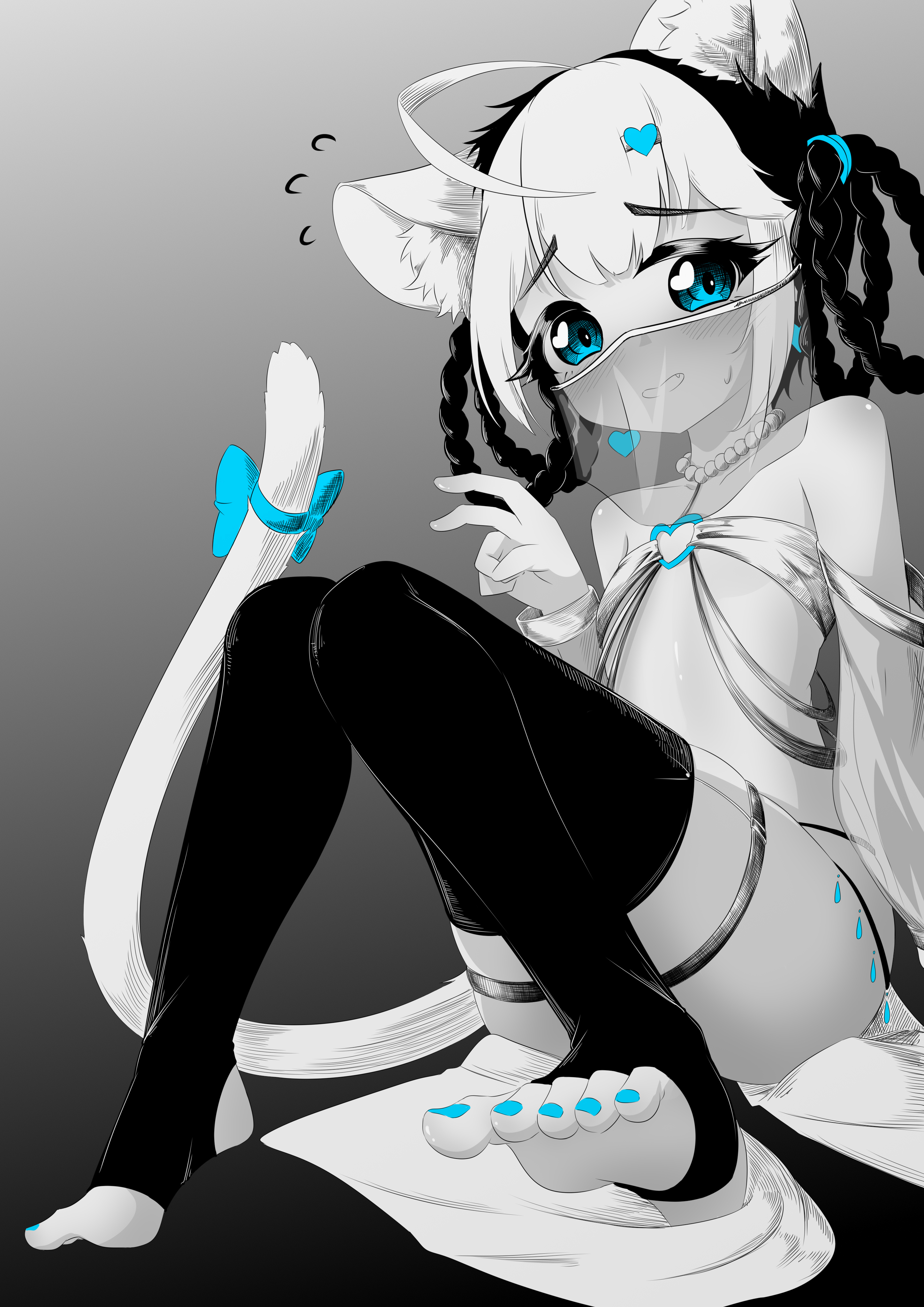 v-san (xhhh3553), bambinata (pgr), punishing: gray raven, absurdres, highres, 1girl, alternate costume, animal ear fluff, animal ears, black hair, blue eyes, bow, braid, braided hair rings, cat ears, cat tail, embarrassed, fang, greyscale, hair ornament, hair rings, heart, heart-shaped pupils, heart hair ornament, jewelry, monochrome, multicolored hair, necklace, open mouth, pearl necklace, spot color, symbol-shaped pupils, tail, tail bow, tail ornament, thighhighs, two-tone hair