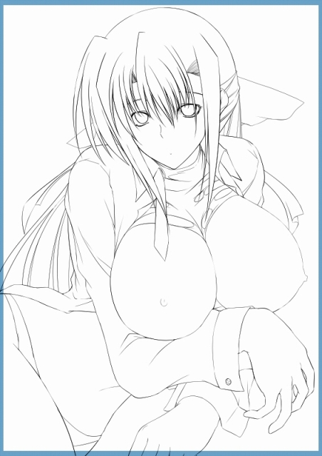 hagane soushi, ginga nakajima, lyrical nanoha, mahou shoujo lyrical nanoha, mahou shoujo lyrical nanoha strikers, 00s, breasts, greyscale, hair ribbon, huge breasts, long hair, monochrome, ribbon, solo