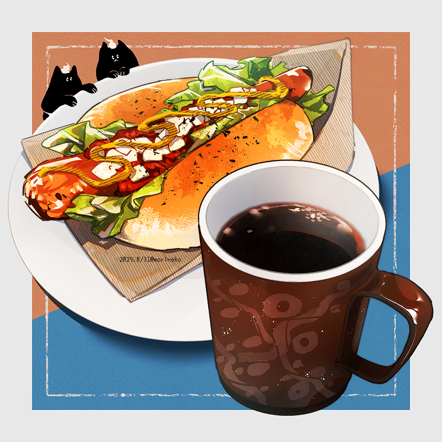shunkashuntou, original, commentary, 2025, black cat, border, cat, coffee, coffee mug, cup, dated, food, food focus, hot dog, lettuce, mug, mustard, plate, sausage, white border