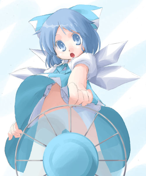 cirno, touhou, artist request, 1girl, bow, clothes lift, electric fan, fanning crotch, fanning self, female focus, loli, no panties, skirt, skirt lift, solo, wings