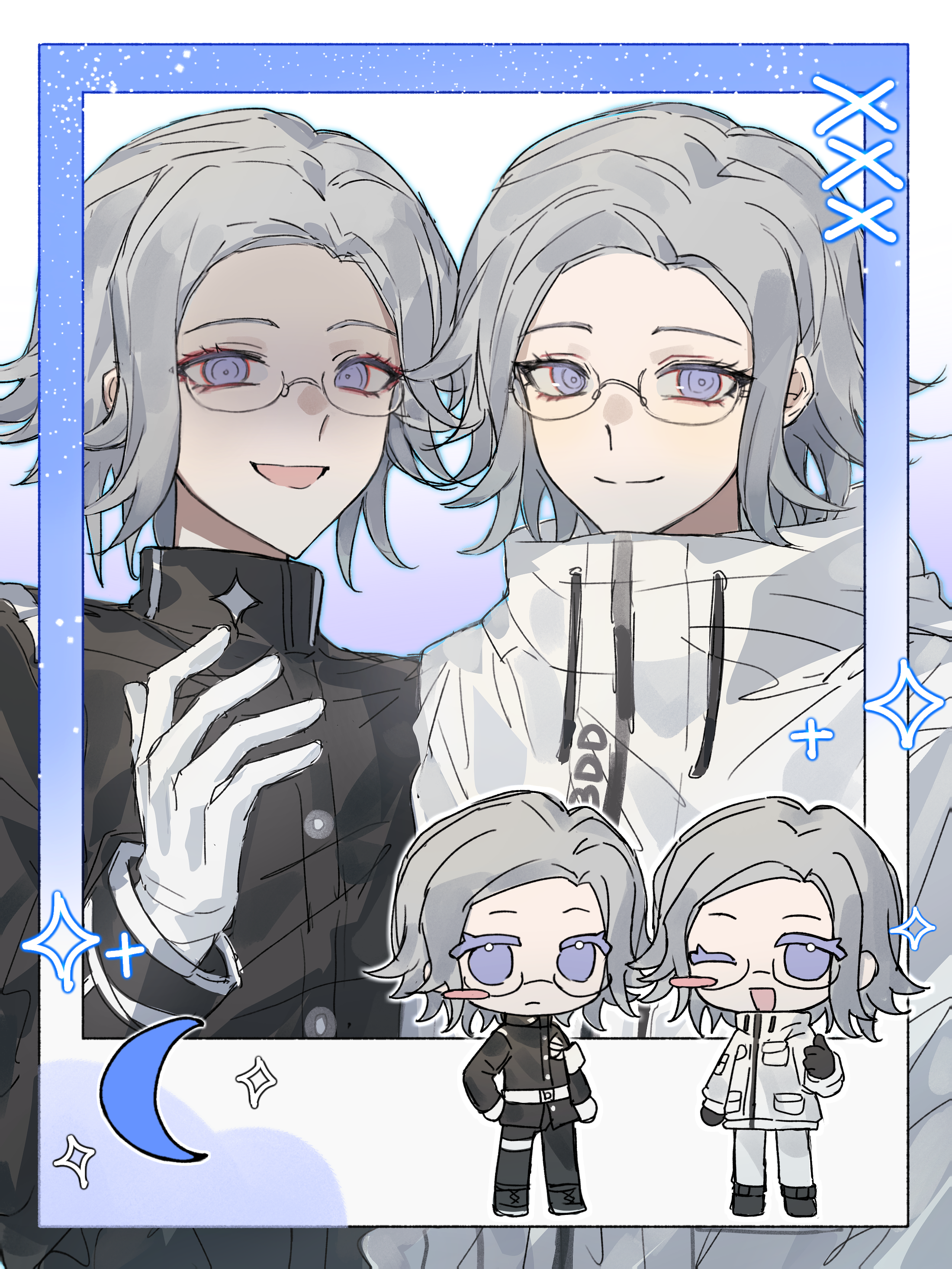 aotsuki eito, the hundred line -last defense academy-, absurdres, chinese commentary, commentary request, highres, variant set, 2boys, :d, armband, black gloves, black jacket, black pants, blue outline, blush stickers, chibi, chibi inset, crescent, dual persona, gakuran, glasses, gloves, gradient background, grey hair, hand up, inset border, jacket, last defense academy school uniform, looking at viewer, male focus, multiple boys, open mouth, outline, pants, purple background, purple eyes, school uniform, short hair, simple background, smile, sparkle, thumbs up, two-tone background, wangxi48953, white background, white gloves, white jacket, white outline, white pants