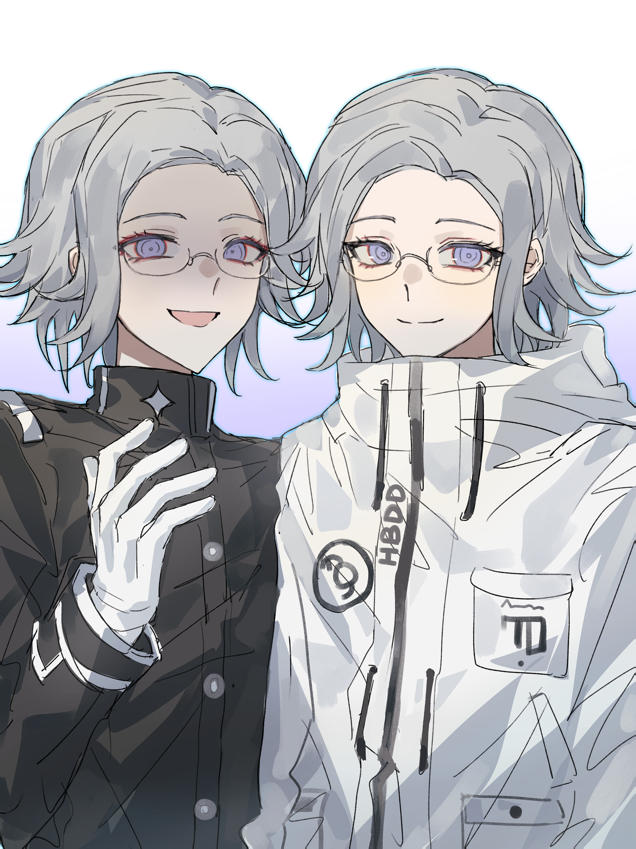 aotsuki eito, the hundred line -last defense academy-, absurdres, chinese commentary, commentary request, highres, variant set, 2boys, :d, armband, black gloves, black jacket, blue outline, dual persona, gakuran, glasses, gloves, gradient background, grey hair, hand up, jacket, last defense academy school uniform, looking at viewer, male focus, multiple boys, open mouth, outline, purple background, purple eyes, school uniform, short hair, simple background, smile, two-tone background, wangxi48953, white background, white gloves, white jacket, white outline