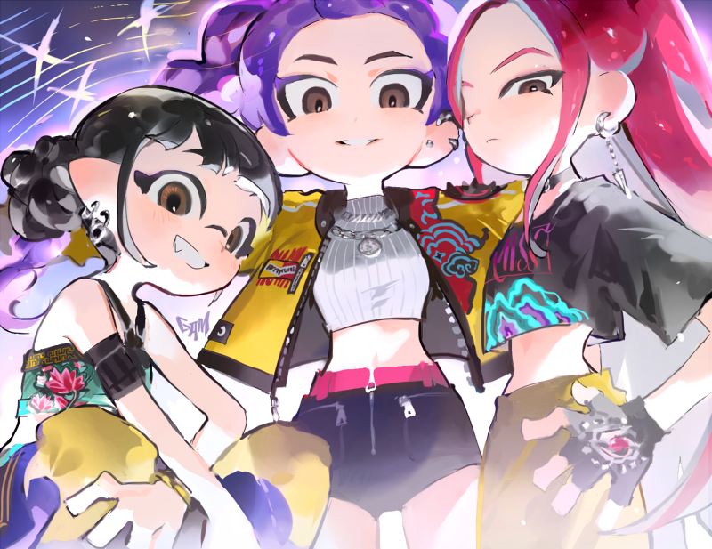 gam (99jellys), mira (kpop demon hunters), rumi (kpop demon hunters), zoey (kpop demon hunters), kpop demon hunters, nintendo, splatoon (series), commentary, 3girls, arm pouch, black gloves, black hair, brown eyes, crop top, cropped jacket, double bun, earrings, fingerless gloves, gloves, hair bun, halterneck, jewelry, long hair, multiple girls, pink hair, purple hair, sidelocks, smile, twintails