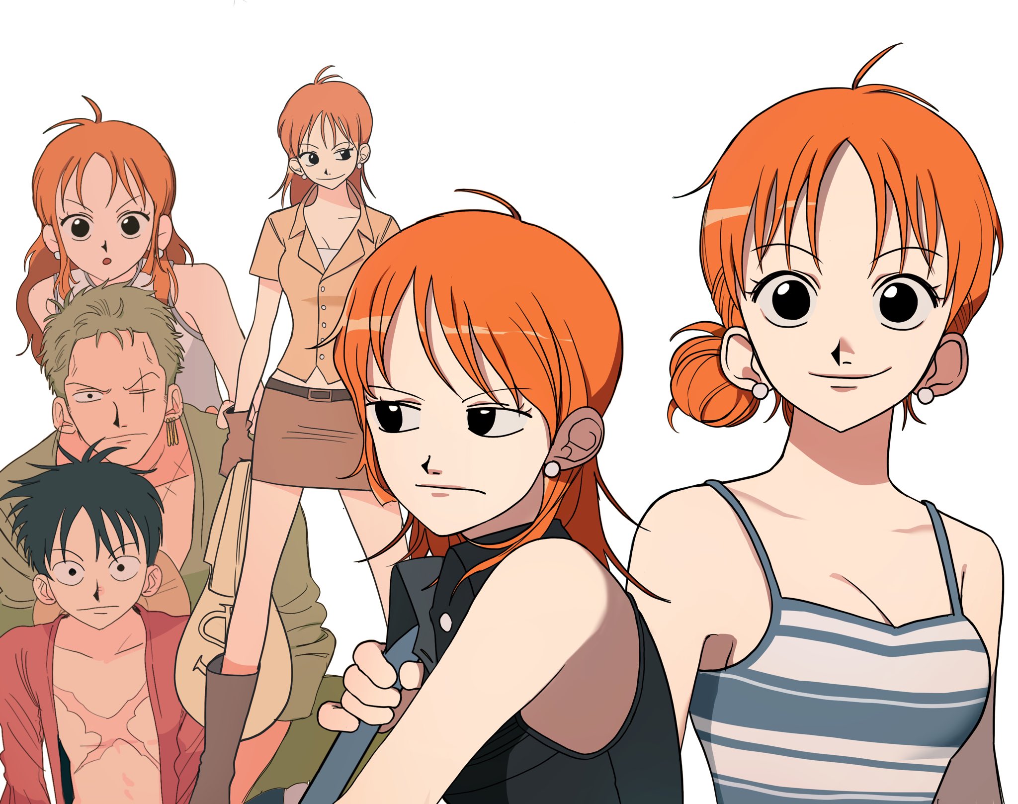 sam one111, monkey d. luffy, nami (one piece), roronoa zoro, one piece, commentary request, highres, korean commentary, 1girl, 2boys, alternate costume, alternate hairstyle, bag, bare shoulders, belt, belt buckle, black eyes, black hair, black skirt, boots, brown boots, brown gloves, brown skirt, buckle, camisole, closed mouth, collarbone, cross scar, earrings, feet out of frame, gloves, green hair, green shirt, hair bun, holding, holding bag, holding strap, jewelry, looking at viewer, medium hair, miniskirt, money bag, multiple boys, multiple views, one eye closed, open clothes, open shirt, orange hair, pearl earrings, red shirt, scar, scar across eye, scar on chest, scar on face, shirt, short hair, short sleeves, skirt, sleeveless, sleeveless shirt, spaghetti strap, upper body, white background