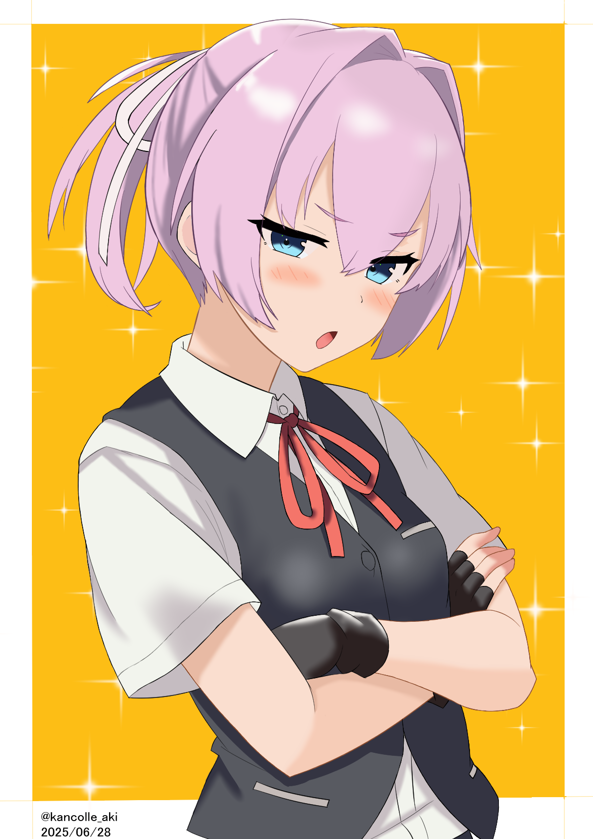 akkun teitoku, shiranui (kancolle), shiranui kai ni (kancolle), kantai collection, highres, 1girl, black gloves, black vest, blue eyes, border, collared shirt, crossed arms, dress shirt, gloves, looking at viewer, one-hour drawing challenge, partially fingerless gloves, pink hair, ponytail, shirt, short hair, solo, sparkle background, upper body, vest, white border, white shirt, yellow background