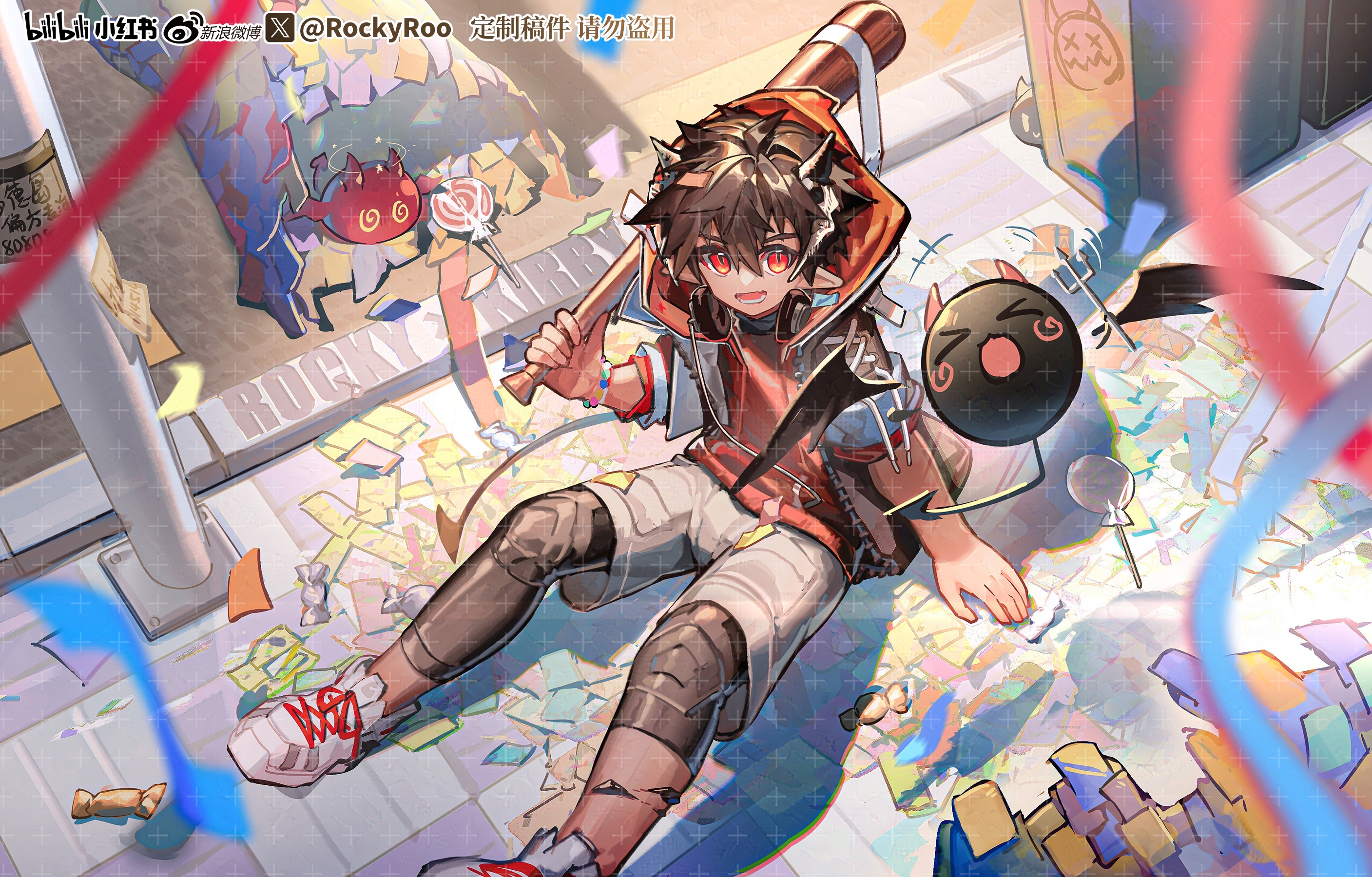 rockyroo, odda (arknights), odda (candy strike) (arknights), arknights, highres, 1boy, ;d, arrow (symbol), baseball bat, beads, black hair, black jacket, black leggings, candy, confetti, copyright name, copyright notice, food, holding, holding baseball bat, hood, hood up, hoodie, industrial pipe, jacket, leggings, official alternate costume, one eye closed, open mouth, pinata, red eyes, red hoodie, shoes, short hair, shorts, sitting, smile, sneakers, solo focus, watermark, white shoes, white shorts