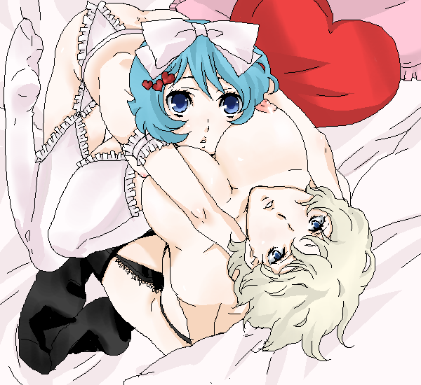 char aznable, kamille bidan, quattro bajeena, gundam, zeta gundam, gender request, 2girls, blonde hair, blue eyes, blue hair, breasts, garter belt, genderswap, heart, large breasts, lingerie, multiple girls, short hair, thighhighs, underwear