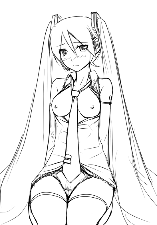 yoshino gaya, hatsune miku, vocaloid, 1girl, breasts, female focus, greyscale, headset, long hair, monochrome, necktie, nipples, open clothes, open shirt, panties, shirt, solo, thighhighs, twintails, underwear, very long hair