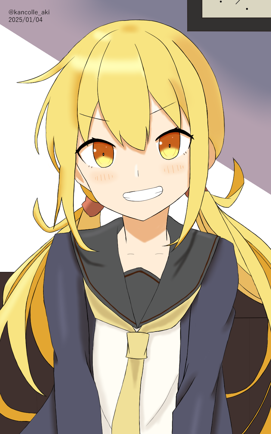 akkun teitoku, satsuki (kancolle), satsuki kai ni (kancolle), kantai collection, commentary request, highres, 1girl, black sailor collar, blonde hair, blue jacket, dated, grin, jacket, long hair, long sleeves, looking at viewer, low twintails, neckerchief, one-hour drawing challenge, sailor collar, school uniform, smile, solo, twintails, twitter username, upper body, yellow eyes, yellow neckerchief