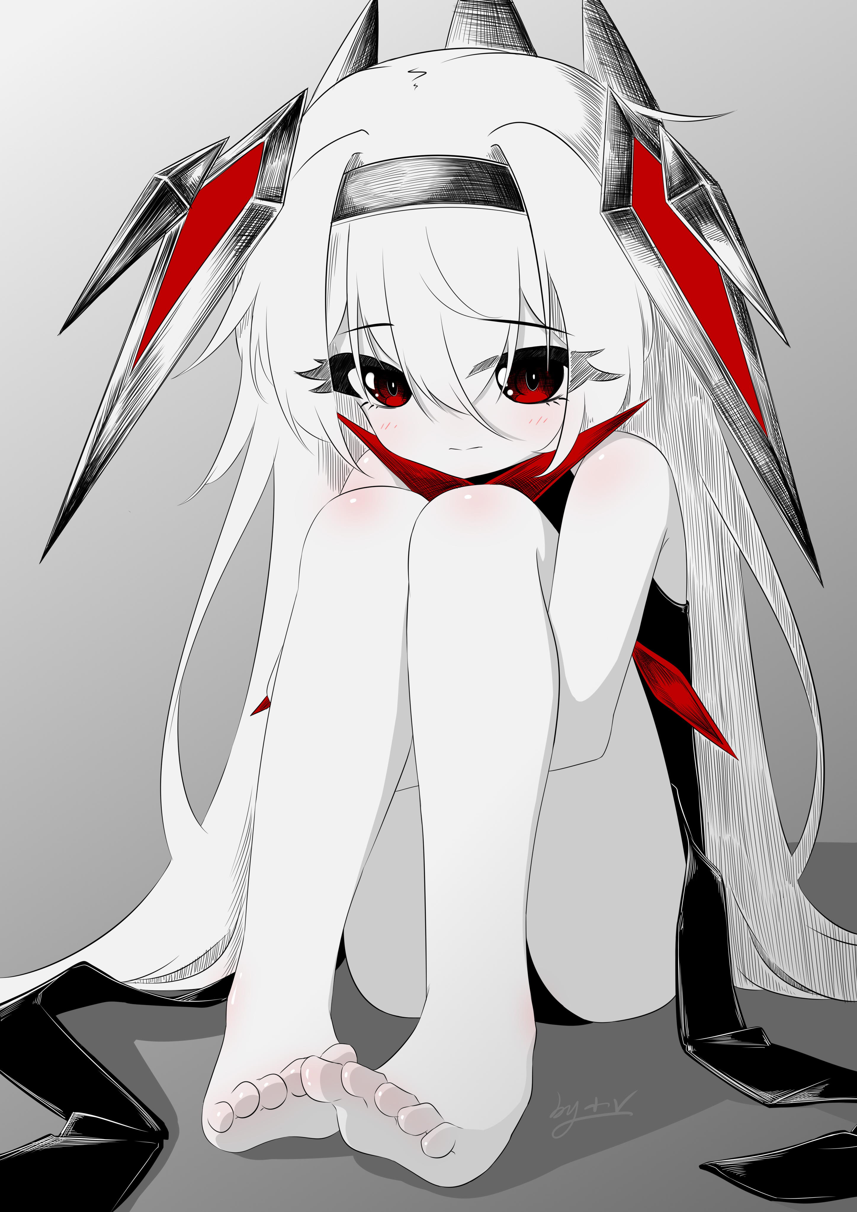 v-san (xhhh3553), chaos (pgr), punishing: gray raven, absurdres, highres, 1girl, bare legs, barefoot, black dress, dress, hair between eyes, hair intakes, hairband, headgear, hugging own legs, red eyes, sidelocks, solo, spot color