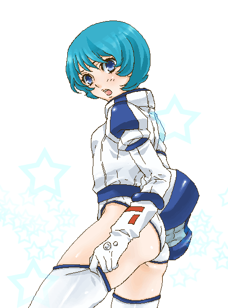 kamille bidan, gundam, zeta gundam, 1girl, blue eyes, blue hair, female focus, genderswap, genderswap (mtf), leotard, matching hair/eyes, mecha pilot suit, normal suit (gundam), oekaki, short hair, solo, thighhighs