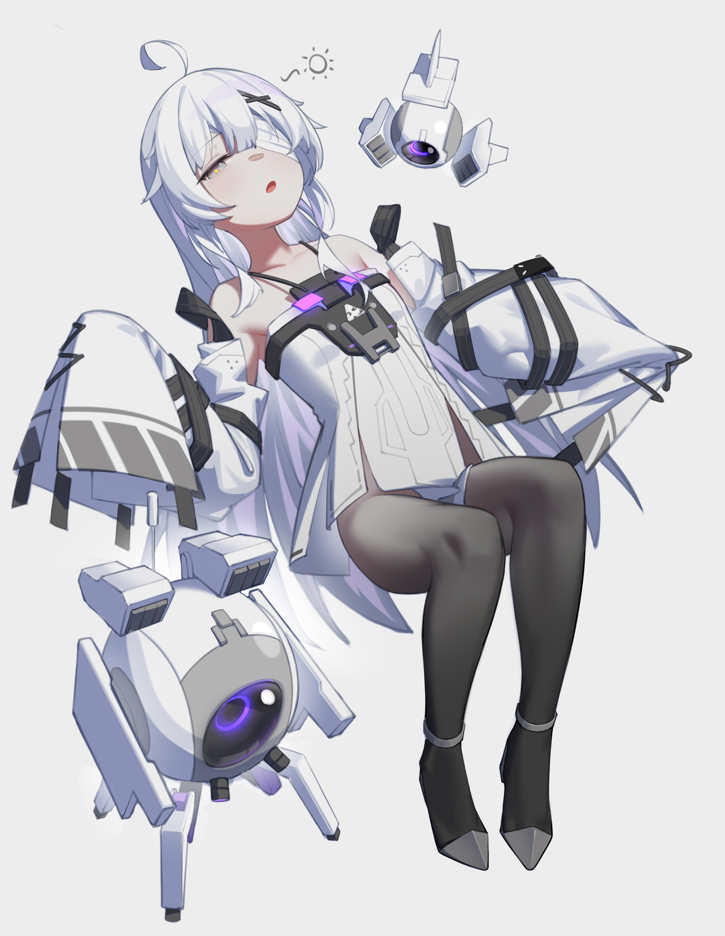 gb630k, no. 21's buddy (pgr), no. 21: xxi (pgr), no. 21 (pgr), punishing: gray raven, absurdres, highres, 1girl, 1other, ahoge, bandage over one eye, black pantyhose, detached sleeves, dress, drone, grey background, grey eyes, grey hair, long hair, non-humanoid robot, open mouth, pantyhose, robot, sleepy, sleeves past fingers, sleeves past wrists, very long hair, white dress
