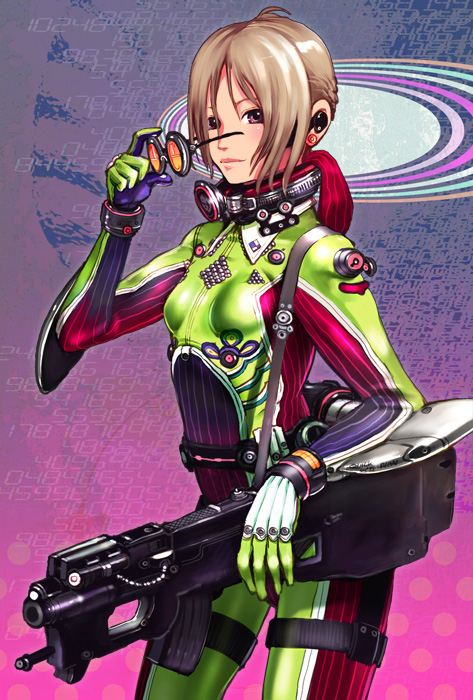 nagasawa shin, original, 1girl, biker clothes, bikesuit, bodysuit, female focus, gun, solo, weapon