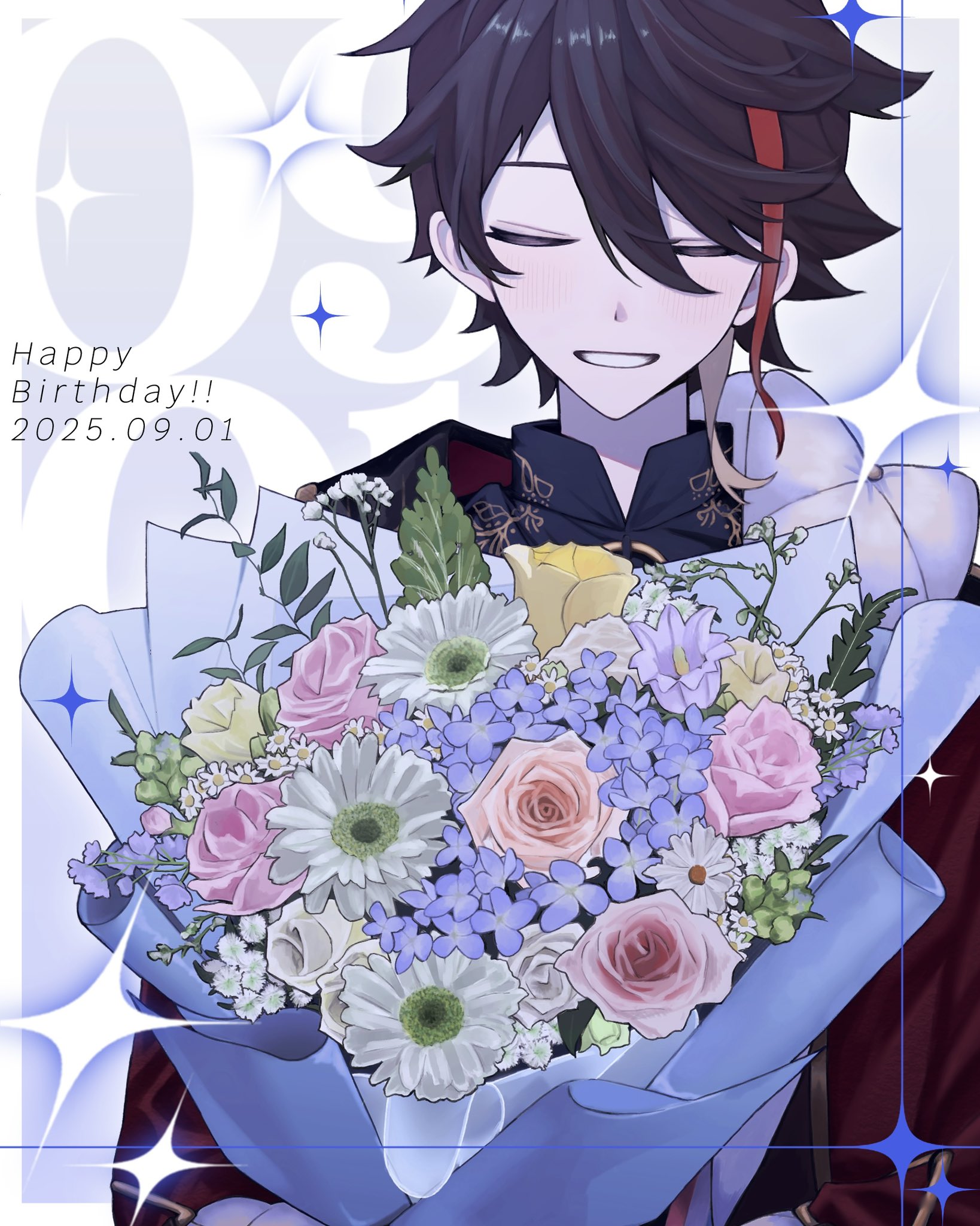 saegusa akina, nijisanji, highres, 1boy, black hair, black shirt, blush, border, bouquet, closed eyes, dated, facing viewer, flower, gloves, green flower, hair between eyes, happy birthday, holding, holding bouquet, jacket, male focus, multicolored hair, nwnvm, pink flower, pink rose, purple flower, red hair, red jacket, rose, shirt, short hair, smile, solo, sparkle, streaked hair, upper body, virtual youtuber, white flower, yellow flower