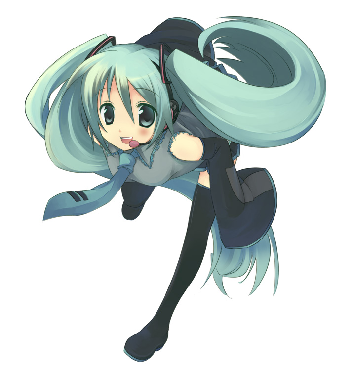 suimya, hatsune miku, vocaloid, headset, necktie, solo, thighhighs, twintails