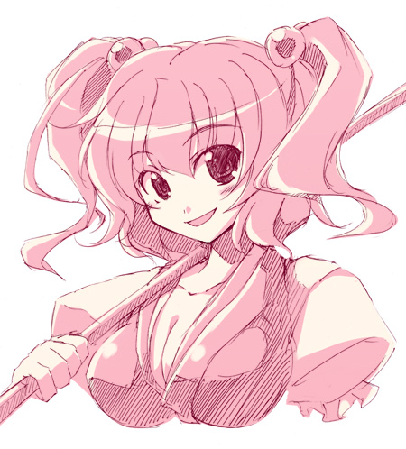 touya (the-moon), onozuka komachi, touhou, lowres, 1girl, breasts, cleavage, female focus, hair bobbles, hair ornament, large breasts, monochrome, pink theme, smile, solo, twintails, two side up, upper body
