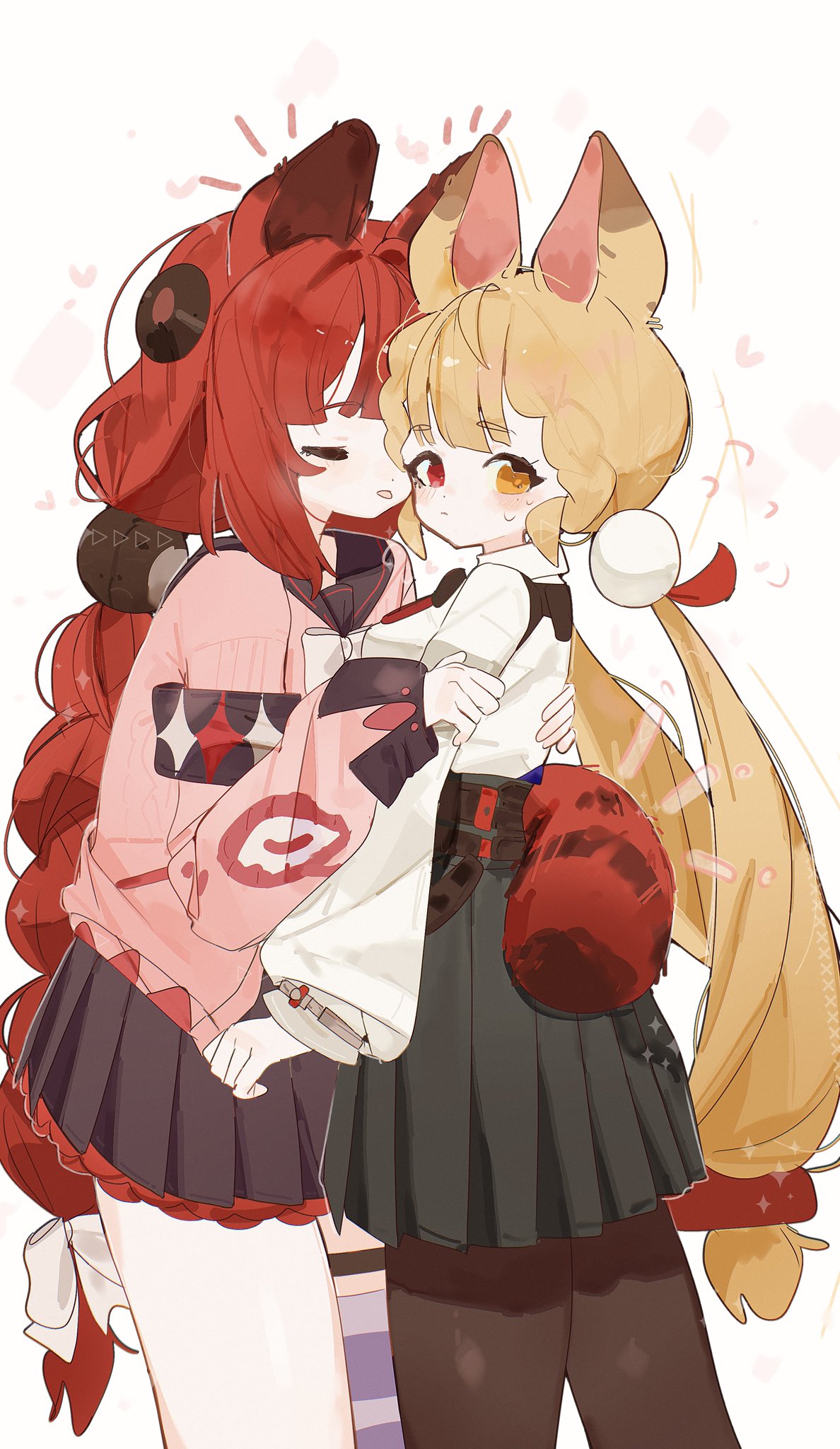 alice thymefield, ukinami yuzuha, zenless zone zero, highres, 2girls, animal ears, black sailor collar, black skirt, blonde hair, blush, bow, braid, closed eyes, closed mouth, flying sweatdrops, hair ornament, heart, heterochromia, hug, long hair, long sleeves, looking at viewer, low twintails, multiple girls, pantyhose, parted lips, pleated skirt, puffy long sleeves, puffy sleeves, rabbit ears, red eyes, red hair, sailor collar, shirt, simple background, single thighhigh, siomimi, skirt, striped clothes, tail, thighhighs, twintails, very long hair, white background, white bow, white shirt, yuri