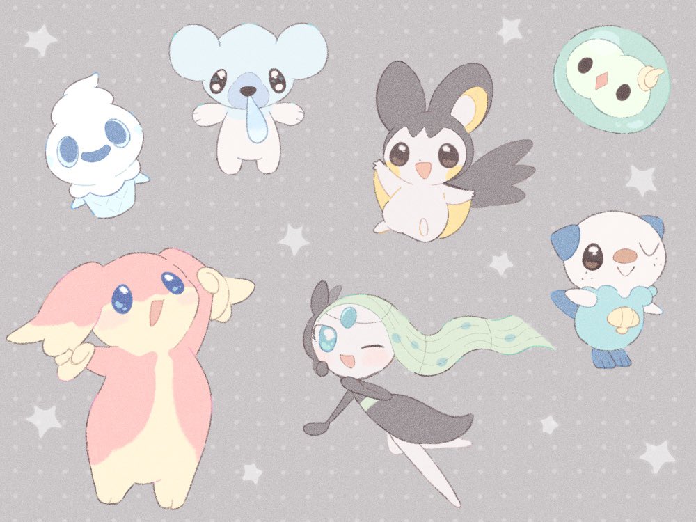 appyon (archangel ayp), audino, cubchoo, emolga, meloetta, meloetta (aria), oshawott, solosis, vanillite, nintendo, pokemon, aqua eyes, black eyes, blue eyes, blush, full body, gen 5 pokemon, green hair, grey background, legendary pokemon, mythical pokemon, one eye closed, open mouth, pokemon (creature), pokemon focus, smile, snot, standing, star (symbol)