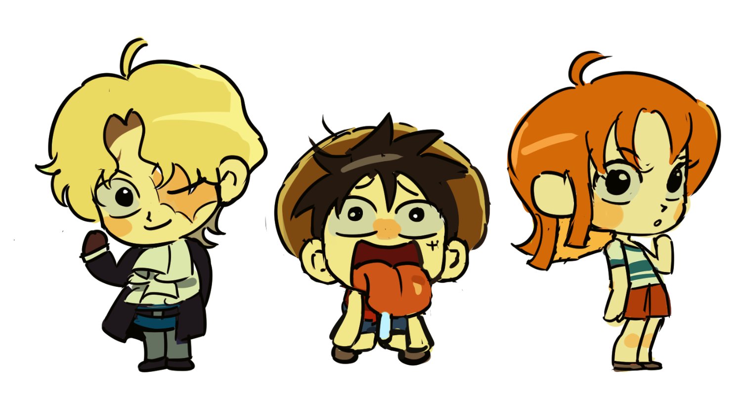 sam one111, monkey d. luffy, nami (one piece), sabo (one piece), one piece, commentary request, korean commentary, 1girl, 2boys, ascot, black coat, black hair, blonde hair, blush, blush stickers, closed mouth, coat, facial scar, full body, hat, miniskirt, multiple boys, one eye closed, open mouth, orange hair, saliva, scar, scar on cheek, scar on face, shirt, short hair, short sleeves, skirt, standing, straw hat, tongue, tongue out, white ascot, white background