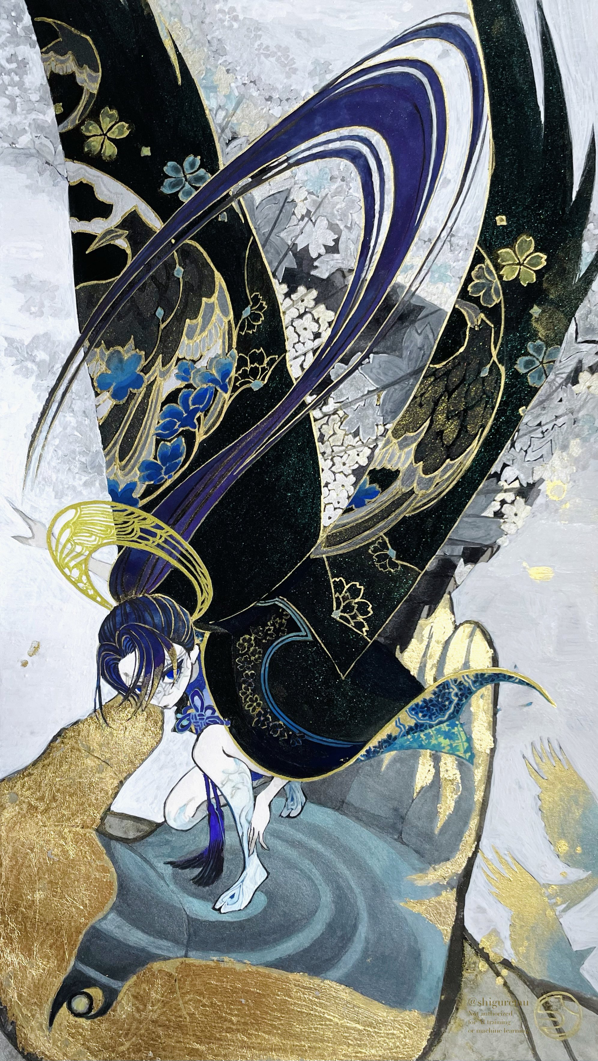 shiguretau, original, absurdres, highres, 1girl, absurdly long hair, bird, black cape, blue eyes, blue hair, cape, colored skin, eyelashes, halo, long hair, mask, masquerade mask, ponytail, solo, squatting, very long hair, white mask, white skin, wings, yellow halo