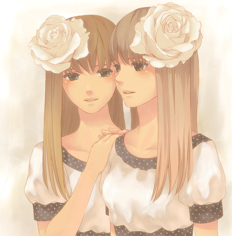ame (conronca), 2girls, brown hair, flower, green eyes, long hair, multiple girls, polka dot, rose, siblings, sisters, smile, twins, white rose