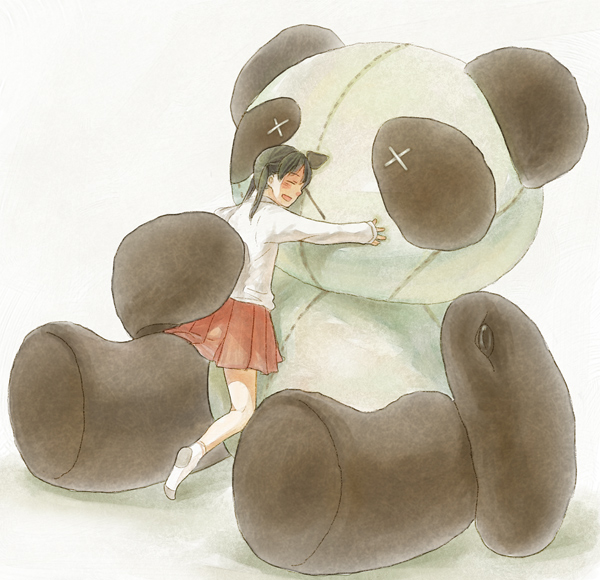 ame (conronca), bad id, bad pixiv id, 1girl, blush, brown hair, closed eyes, female focus, hug, open mouth, panda, pleated skirt, skirt, socks, solo, stuffed animal, stuffed panda, stuffed toy, twintails