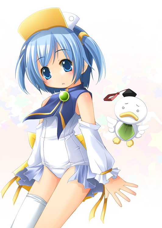 shibacha, ah-kun, nijihara ink, pastel ink, moetan, 00s, 1girl, bird, blue eyes, blue hair, child, detached sleeves, duck, female focus, hat, matching hair/eyes, one-piece swimsuit, school swimsuit, short hair, short twintails, single thighhigh, solo, swimsuit, thighhighs, twintails, two side up, white one-piece swimsuit, white school swimsuit