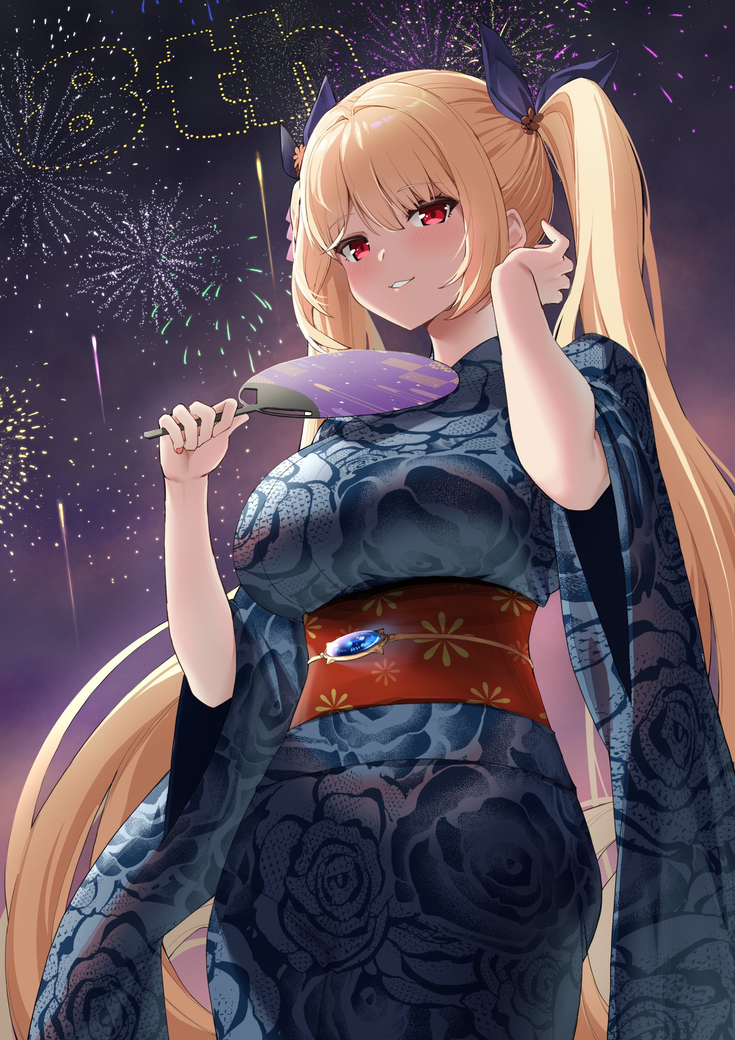 batsu, nelson (azur lane), nelson (azure and gold summer night) (azur lane), azur lane, commentary request, highres, 1girl, absurdly long hair, aerial fireworks, blonde hair, blue gemstone, blue kimono, breasts, fireworks, floral print, floral print kimono, from below, gem, hand fan, holding, holding fan, japanese clothes, kimono, large breasts, long hair, looking at viewer, night, official alternate costume, print kimono, red eyes, red sash, sash, smile, solo, twintails, very long hair, yukata